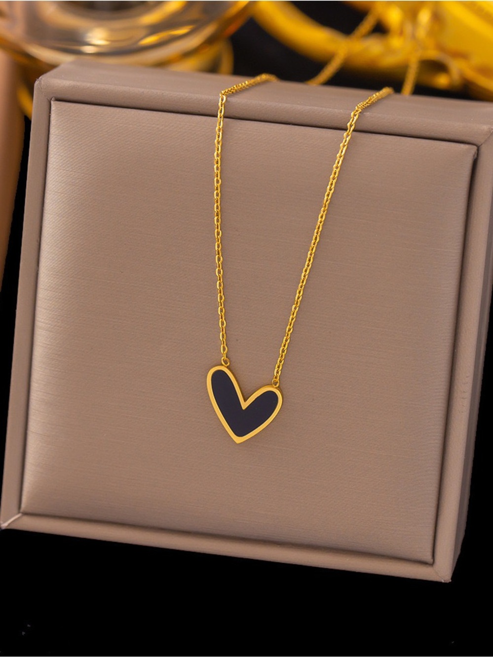Gold Heart Pendant Necklace with Black Inlay - Women's Jewelry